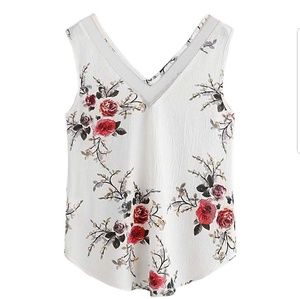 NWT White Floral Chiffon V Neck Dressy Tank  L XL